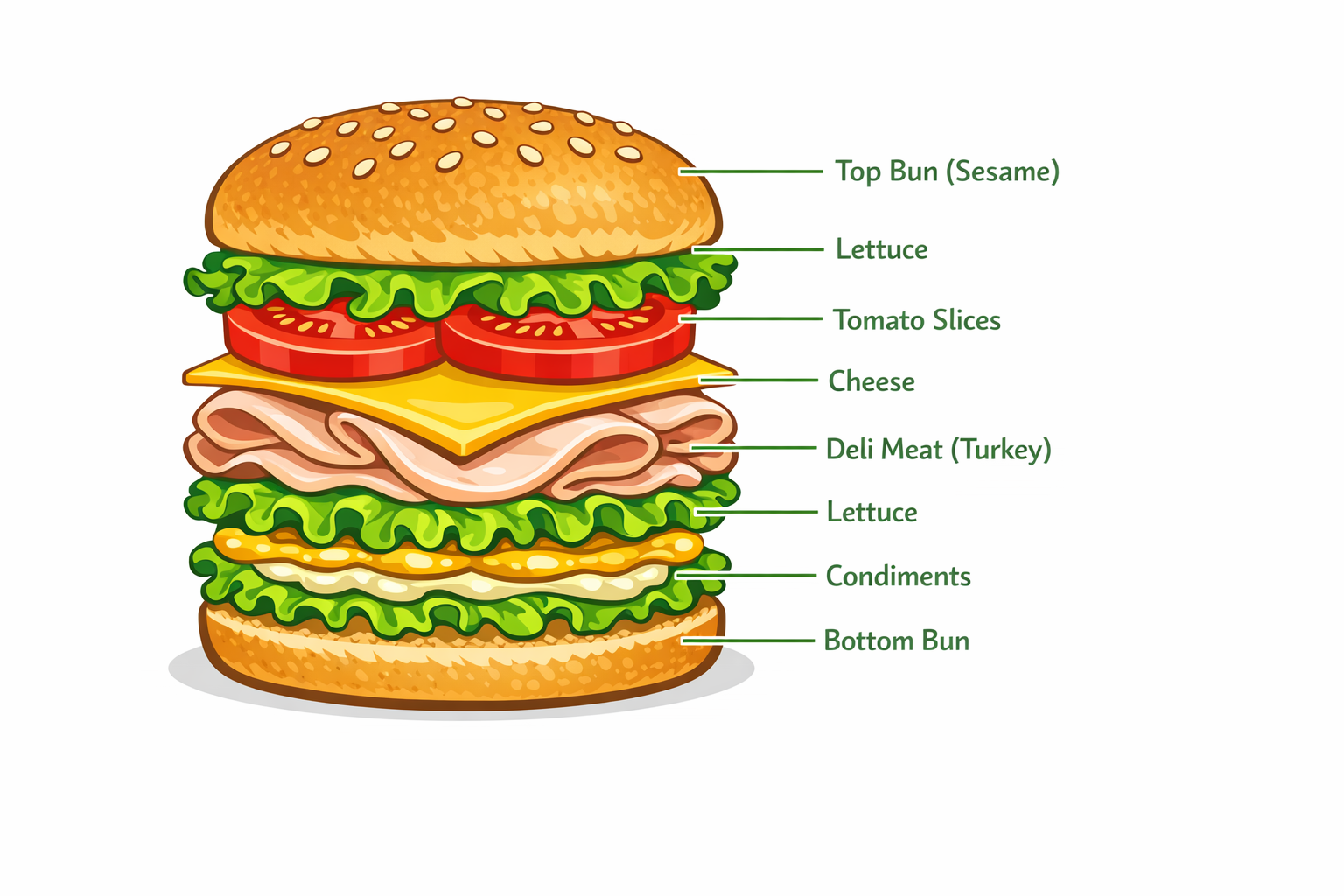 Cutaway diagram of a sandwich showing all labeled layers including bun, lettuce, tomato, cheese, deli meat, condiments, and bottom bun